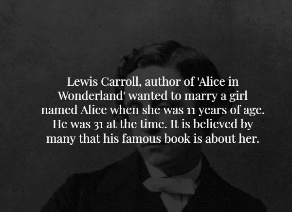 monochrome photography - Lewis Carroll, author of 'Alice in Wonderland' wanted to marry a girl named Alice when she was 11 years of age. He was 31 at the time. It is believed by many that his famous book is about her.