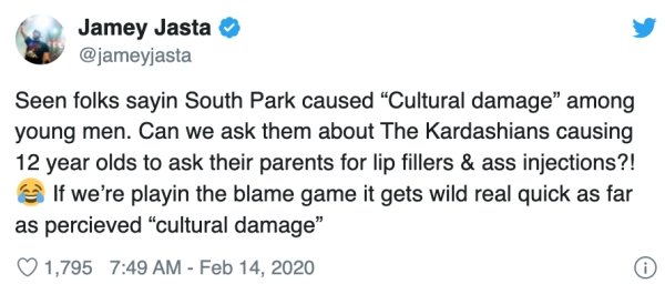 reverse racism doesn t exist - Jamey Jasta Seen folks sayin South Park caused "Cultural damage among young men. Can we ask them about The Kardashians causing 12 year olds to ask their parents for lip fillers & ass injections?! If we're playin the blame ga