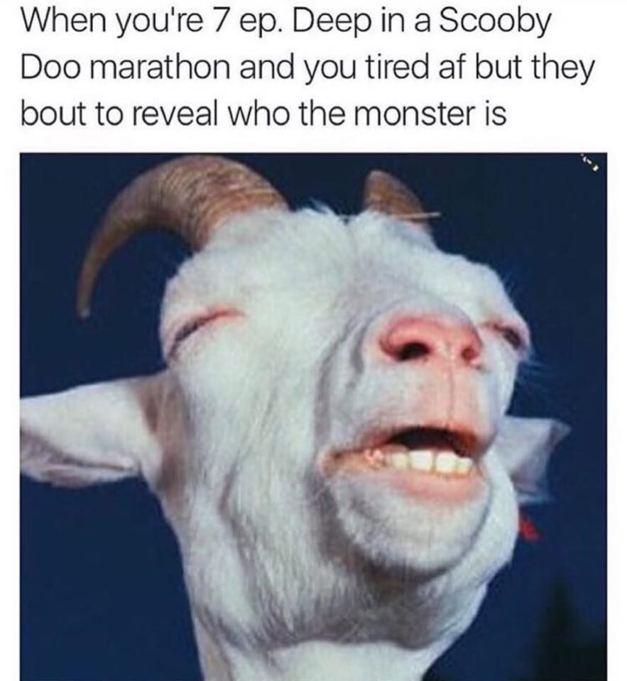 feels good goat - When you're 7 ep. Deep in a Scooby Doo marathon and you tired af but they bout to reveal who the monster is