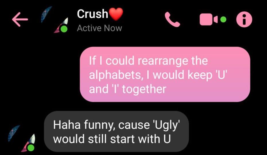 multimedia - Crush Active Now If I could rearrange the alphabets, I would keep 'U' and 'T' together Haha funny, cause 'Ugly' would still start with U