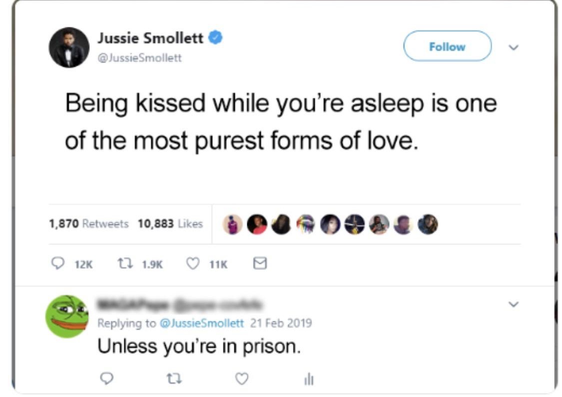 being kissed while you re asleep is one of the most purest forms of love - Jussie Smollett Smollett Being kissed while you're asleep is one of the most purest forms of love. 1,870 10,883 9ACO 12Kt7 116 0 JussieSmollett Unless you're in prison.