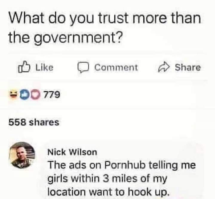 diagram - What do you trust more than the government? Comment O 779 558 Nick Wilson The ads on Pornhub telling me girls within 3 miles of my location want to hook up.