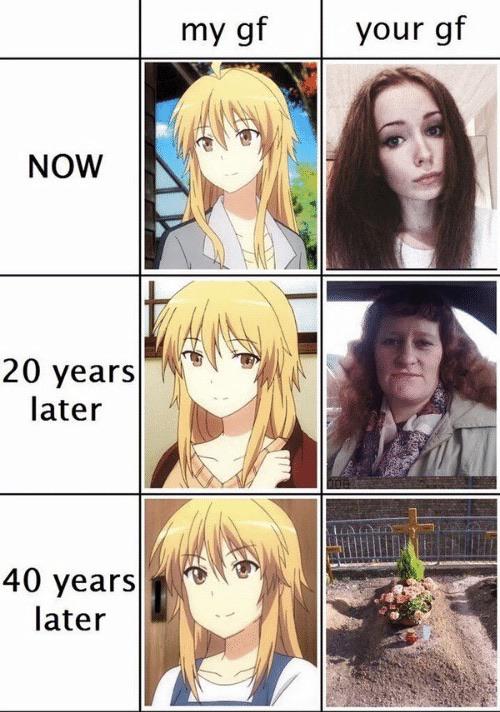 anime girlfriend meme - my gf | your gf Now 20 years later 40 years later