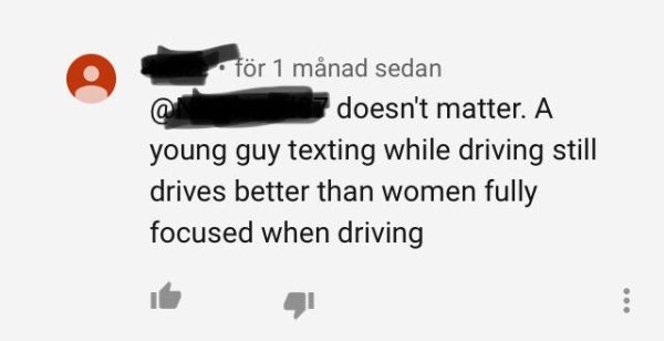 job guarantee - fr 1 mnad sedan doesn't matter. A young guy texting while driving still drives better than women fully focused when driving