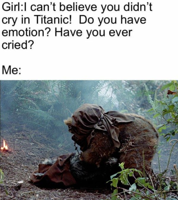 dead ewok - GirlI can't believe you didn't cry in Titanic! Do you have emotion? Have you ever cried? Me