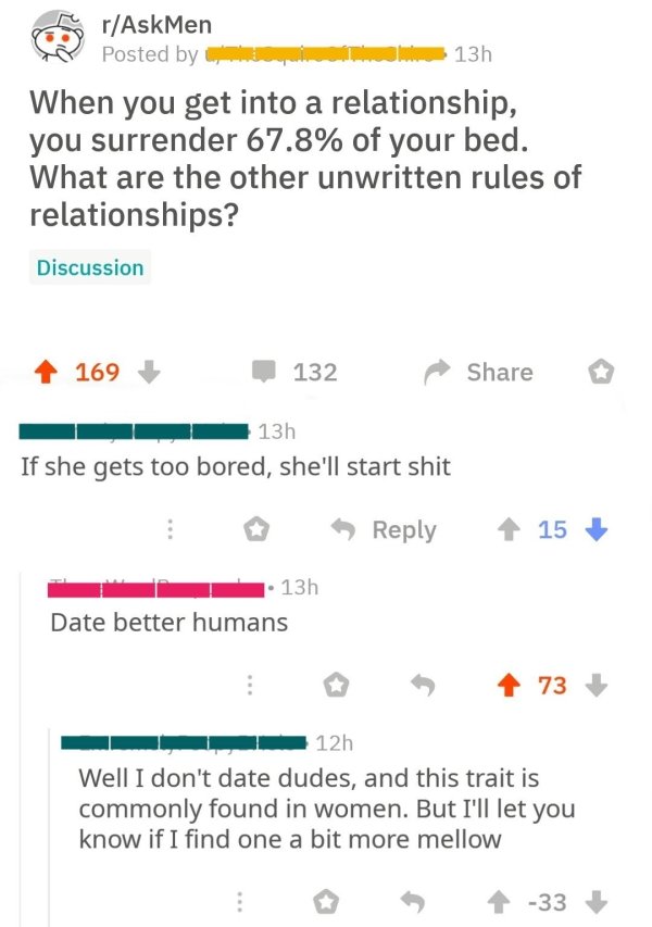 number - rAskMen Posted by 13h When you get into a relationship, you surrender 67.8% of your bed. What are the other unwritten rules of relationships? Discussion 169 132 13h If she gets too bored, she'll start shit 15 13h Date better humans 73 12h Well I 