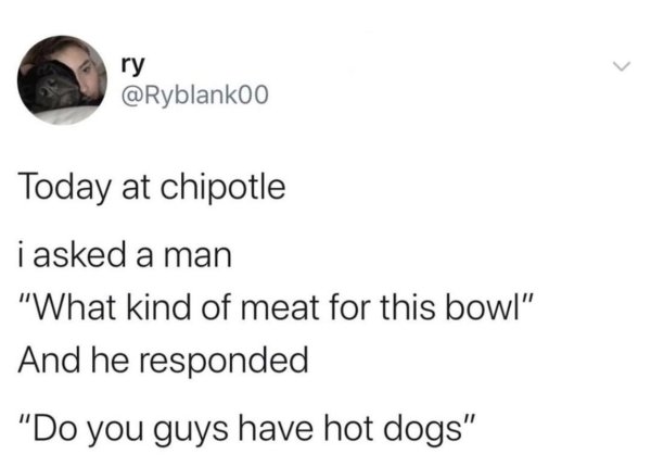 document - ry Ryblankoo Today at chipotle i asked a man "What kind of meat for this bowl". And he responded "Do you guys have hot dogs"
