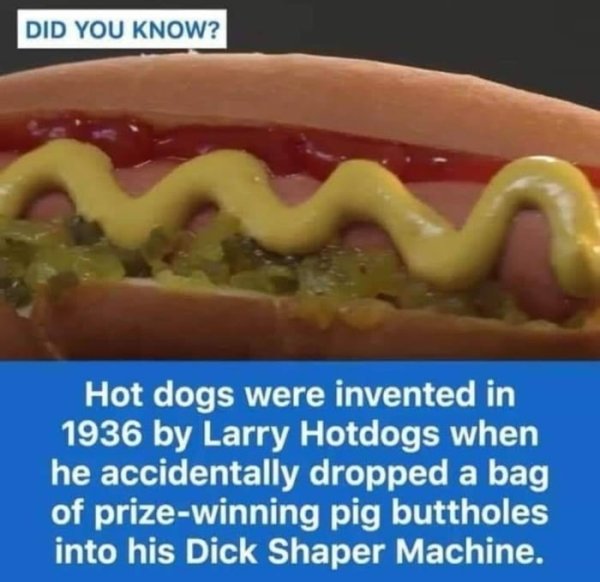 hot dog - Did You Know? Hot dogs were invented in 1936 by Larry Hotdogs when he accidentally dropped a bag of prizewinning pig buttholes into his Dick Shaper Machine.