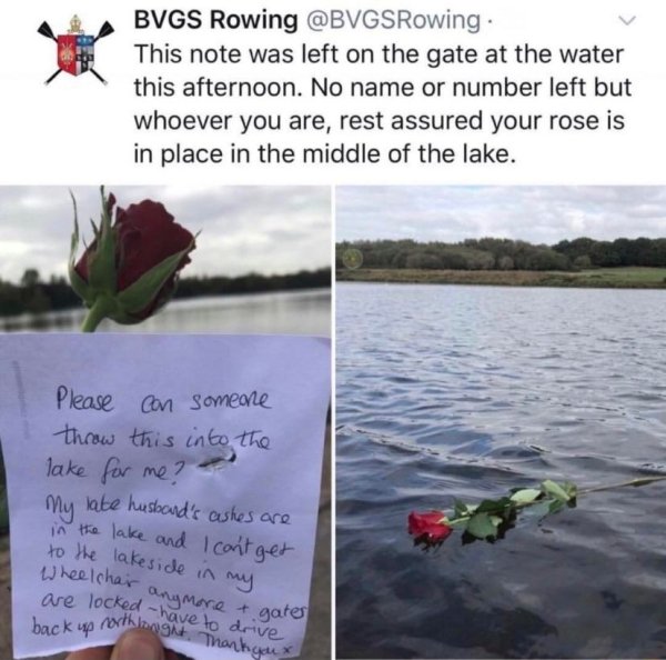 Bvgs Rowing . This note was left on the gate at the water this afternoon. No name or number left but whoever you are, rest assured your rose is in place in the middle of the lake. Please con someone throw this into the lake for me? my late husband's ashes