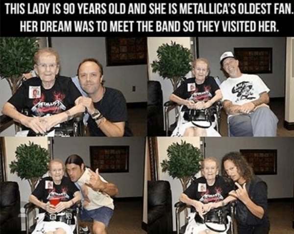 oldest metallica fan - This Lady Is 90 Years Old And She Is Metallica'S Oldest Fan. Her Dream Was To Meet The Band So They Visited Her.