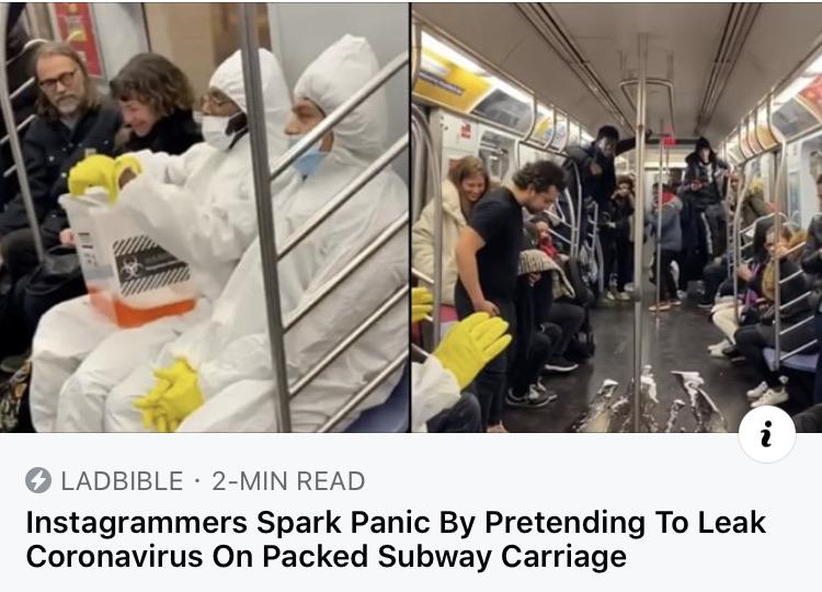 Coronavirus - Ladbible 2Min Read Instagrammers Spark Panic By Pretending To Leak Coronavirus On Packed Subway Carriage