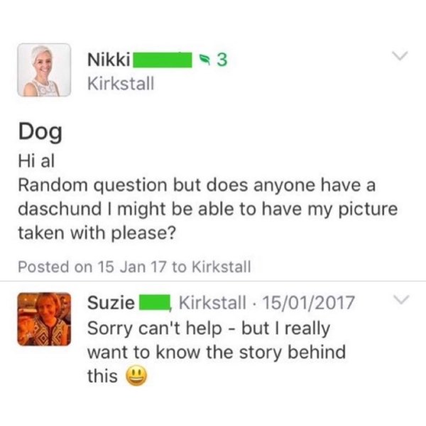document - 3 Nikki Kirkstall Dog Hi al Random question but does anyone have a daschund I might be able to have my picture taken with please? Posted on 15 Jan 17 to Kirkstall Suzie Kirkstall 15012017 Sorry can't help but I really want to know the story beh