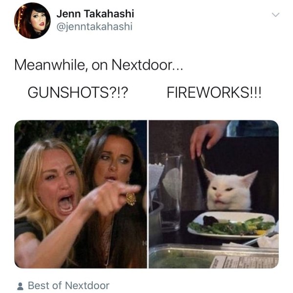 woman yelling at cat meme - Jenn Takahashi Meanwhile, on Nextdoor... Gunshots?!? Fireworks!!! Best of Nextdoor