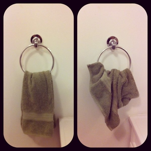My bathroom hand towel before and after Mike gets home…. He says he sees no difference.