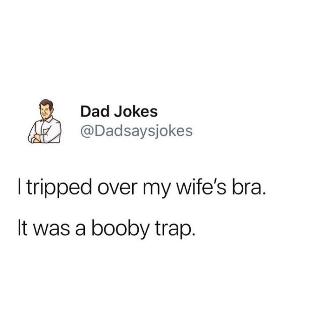 hilarious jokes - Dad Jokes I tripped over my wife's bra. It was a booby trap.