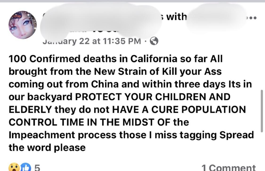 document - ; with January 22 at 100 Confirmed deaths in California so far All brought from the New Strain of Kill your Ass coming out from China and within three days Its in our backyard Protect Your Children And Elderly they do not Have A Cure Population