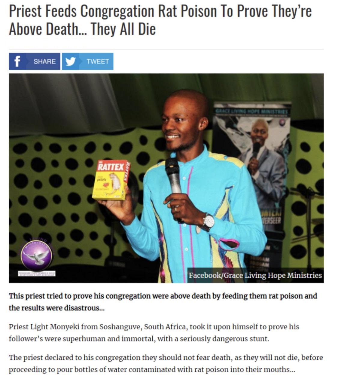 priest rat - Priest Feeds Congregation Rat Poison To Prove They're Above Death... They All Die f Y Tweet Rattex FacebookGrace Living Hope Ministries This priest tried to prove his congregation were above death by feeding them rat poison and the results we