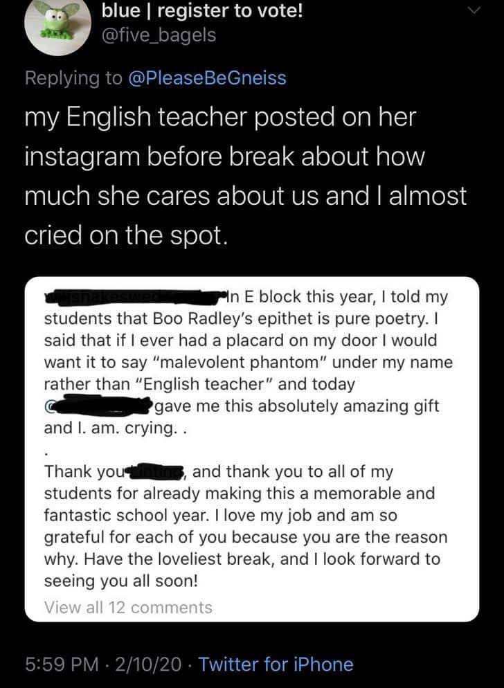 screenshot - .. blue | register to vote! my English teacher posted on her instagram before break about how much she cares about us and I almost cried on the spot. poln E block this year, I told my students that Boo Radley's epithet is pure poetry. I said 
