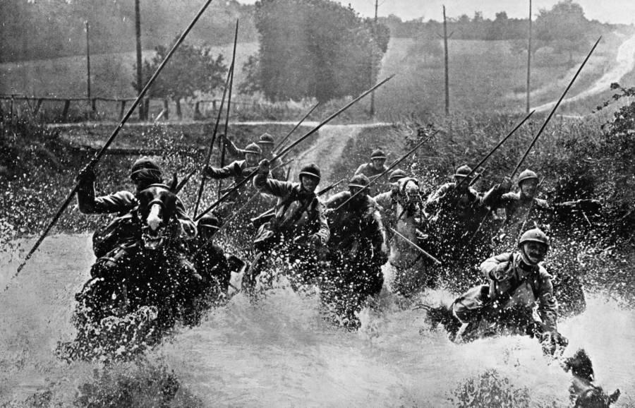 French Cavalry Charge Across a Stream on The Frontlines During The Battle of The Somme, 1916