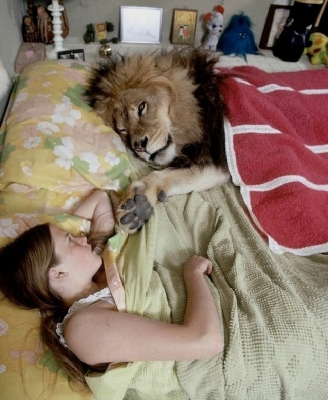 14-year-old Melanie Griffith at home with her pet lion, Neil,1971.