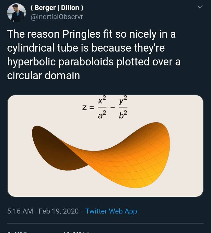 love comments - Berger | Dillon The reason Pringles fit so nicely in a cylindrical tube is because they're 'hyperbolic paraboloids plotted over a circular domain 2 Twitter Web App