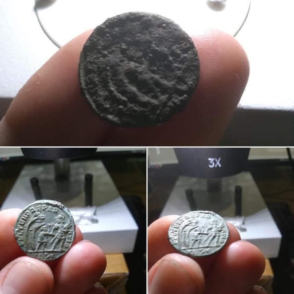 Found this Roman coin today. Obverse cleaning in progress.