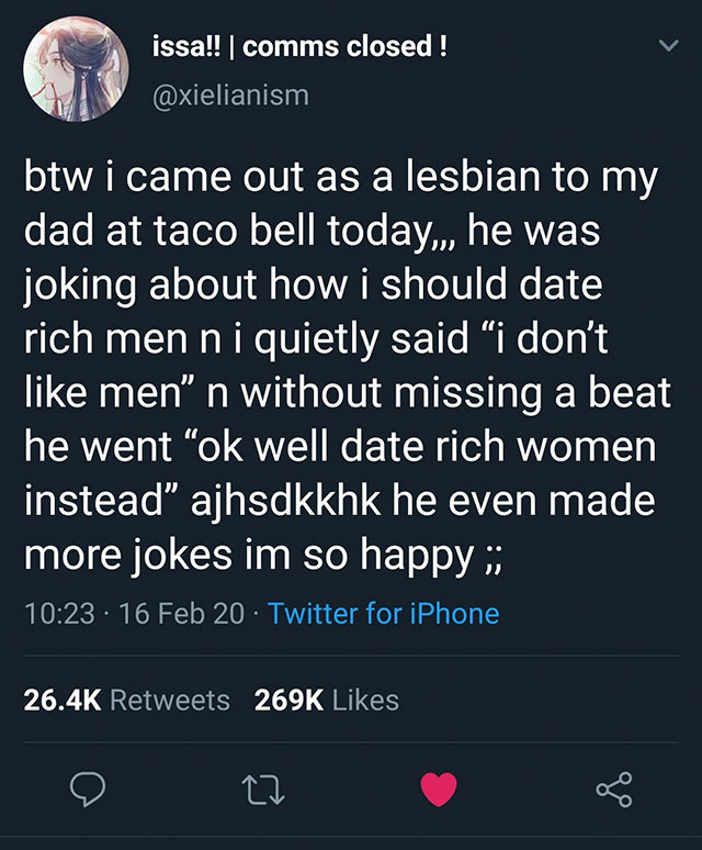 dear girl who sees her friends getting engaged - issa!! | comms closed! btw i came out as a lesbian to my dad at taco bell today, he was joking about how i should date rich men ni quietly said i don't men n without missing a beat he went "ok well date ric