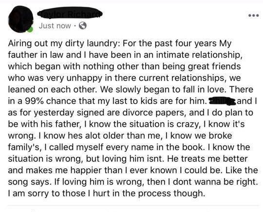 document - lor Richard Just now. Airing out my dirty laundry For the past four years My fauther in law and I have been in an intimate relationship, which began with nothing other than being great friends who was very unhappy in there current relationships