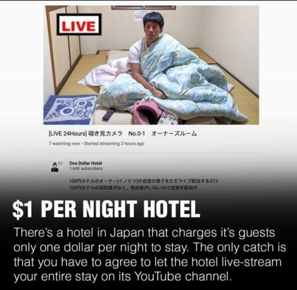 youtube live $1 a night hotel stay - Live Live 24Hours No.0 1 7 watching now. Started streaming 2 hours ago A One Dollar Hotel subscribers 100 100 $1 Per Night Hotel There's a hotel in Japan that charges it's guests only one dollar per night to stay. The 