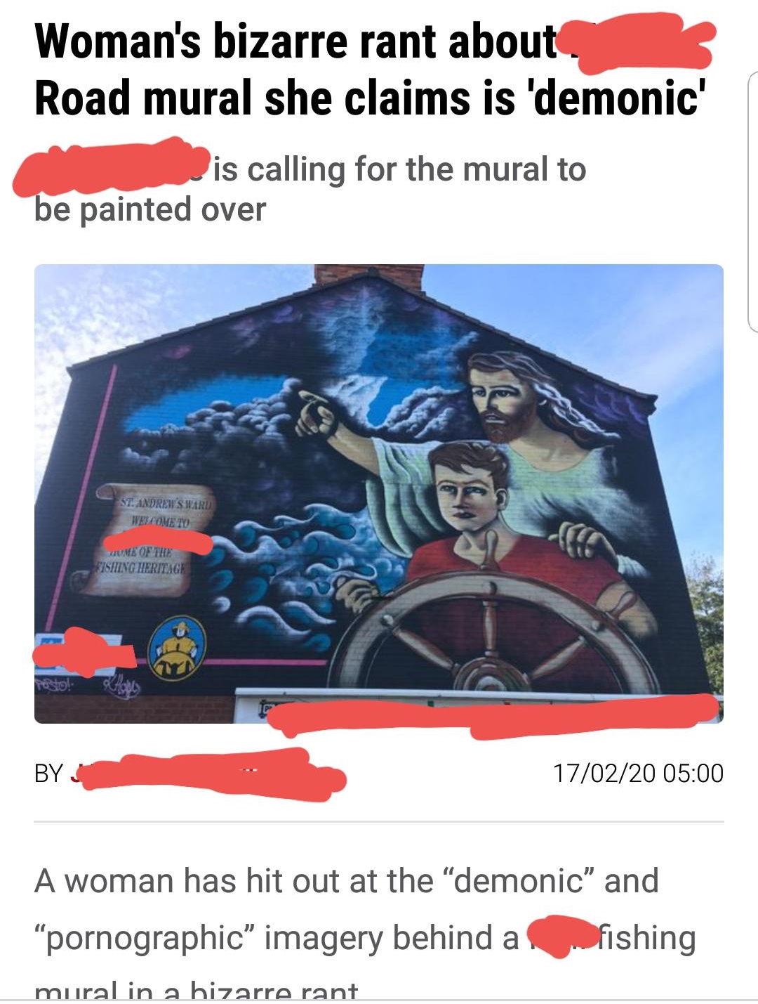 poster - Woman's bizarre rant about Road mural she claims is 'demonic' is calling for the mural to be painted over Sti Andrew'S Ward Welcomeny Me Of The Fishing Heritage Ky 170220 A woman has hit out at the demonic" and pornographic" imagery behind a fish