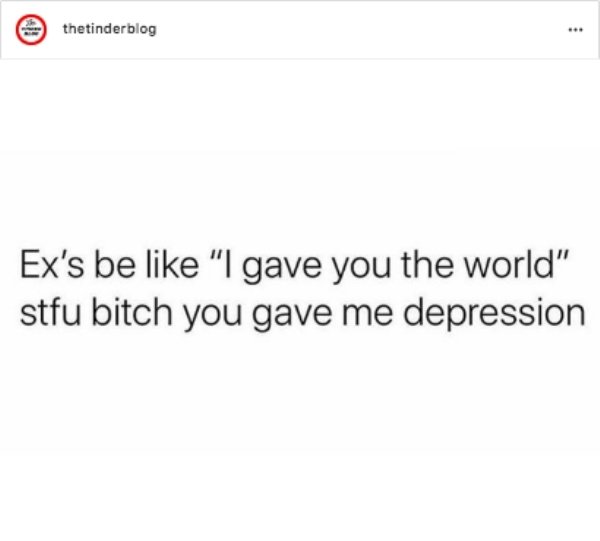 document - thetinderblog Ex's be "I gave you the world" stfu bitch you gave me depression
