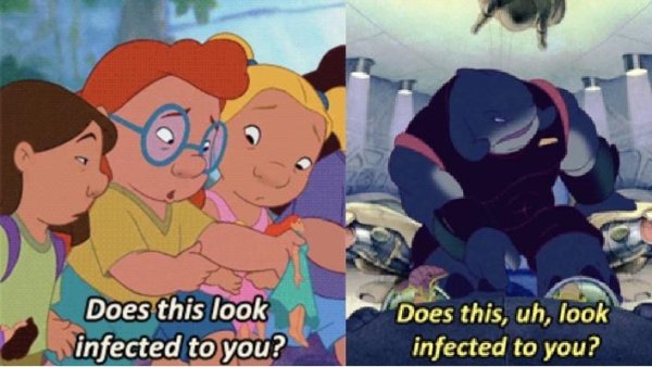 To show how Lilo and Stitch (2002) parallel each other, before the characters even meet, they both bite Mertle and Gantu, respectively.