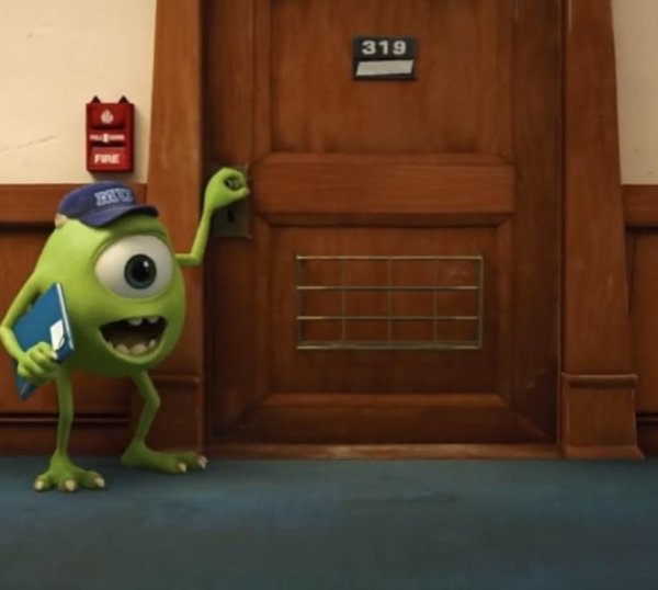 In Monsters University (2013), Mike Wazowski is assigned the room “319”, alluding to the original movie “Monsters Inc.” where a human sock is found on George’s back. The code for this (alerting everyone of the incident and calling to evacuate) is “2319”.
