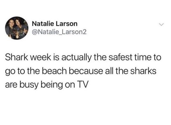 coffee is the pregame to my anxiety attack - Natalie Larson Shark week is actually the safest time to go to the beach because all the sharks are busy being on Tv