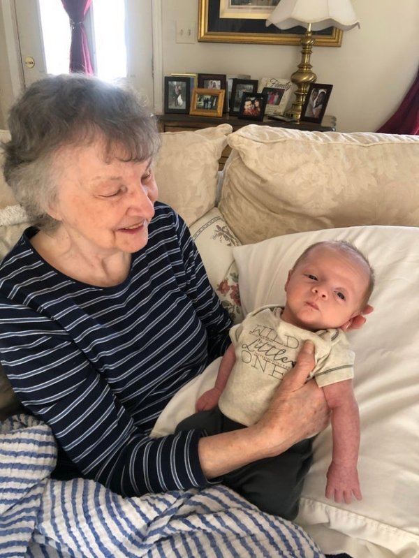 My 87 year old grandma holding her great grandson, my 6 week old son.