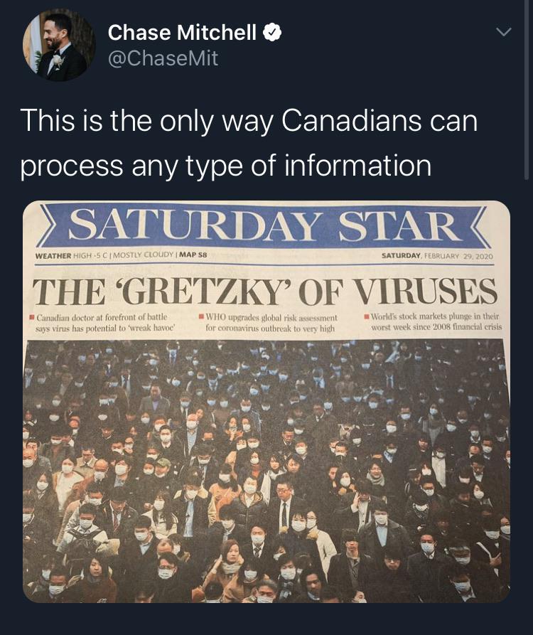 toronto star - Chase Mitchell Mit This is the only way Canadians can process any type of information Saturday Star Weather High5 Cmostly Cloudy Map S8 Saturday, The Gretzky' Of Viruses Canadian doctor at forefront of battle says virus has potential to wre