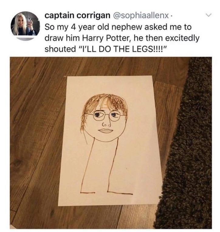 harry potter legs drawing - captain corrigan . So my 4 year old nephew asked me to draw him Harry Potter, he then excitedly shouted "I'Ll Do The Legs!!!!"