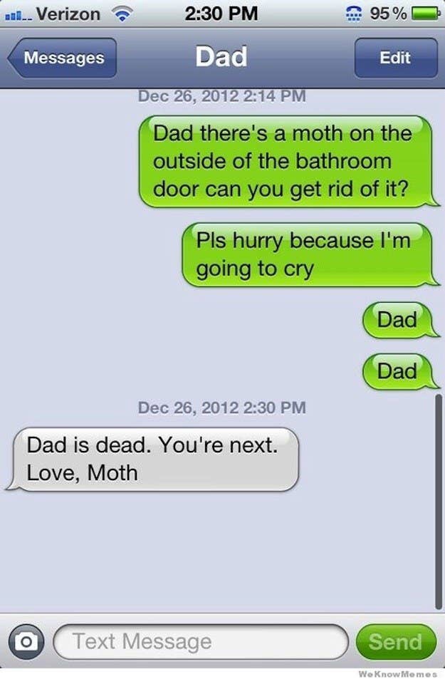 funny texts - . Verizon 95% Messages Dad Edit Dad there's a moth on the outside of the bathroom door can you get rid of it? Pls hurry because I'm going to cry Dad Dad Dad is dead. You're next. Love, Moth O Text Message Send We Know Memes
