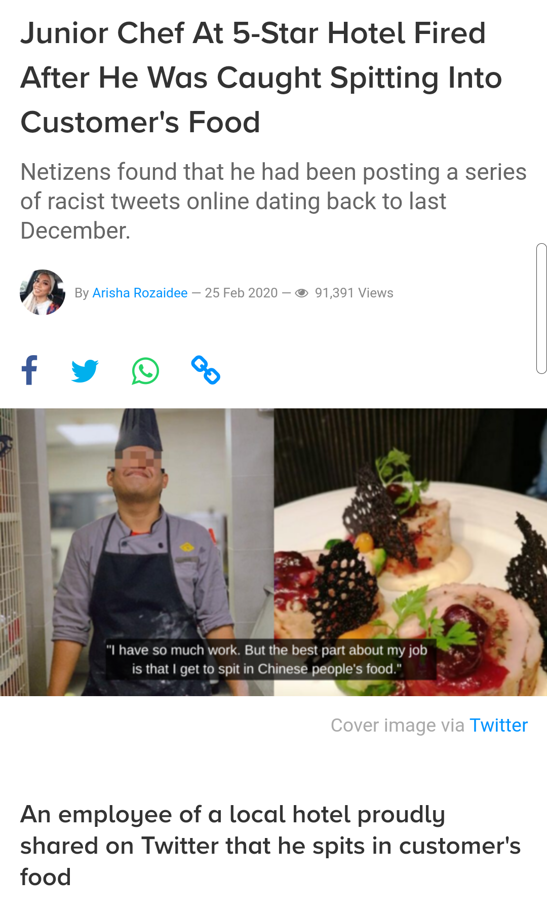 produce - Junior Chef At 5Star Hotel Fired After He Was Caught Spitting Into Customer's Food Netizens found that he had been posting a series of racist tweets online dating back to last December 5 By Arisha Rozade 01,391 V have so much work. Bu best part 