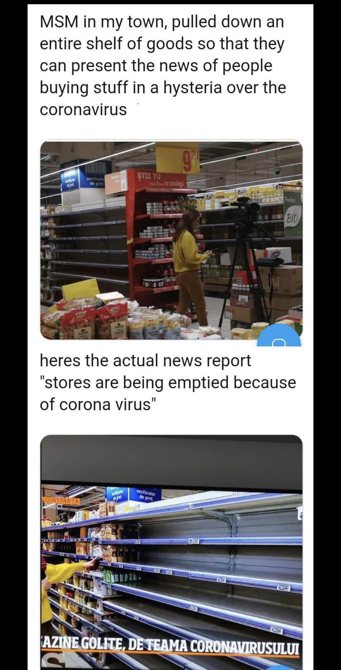 News - Msm in my town, pulled down an entire shelf of goods so that they can present the news of people buying stuff in a hysteria over the coronavirus verificato Stutu Meira Sack De Do 010 heres the actual news report "stores are being emptied because of