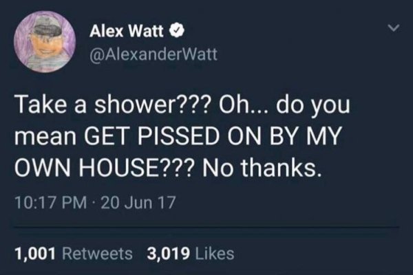 Alex Watt Take a shower??? Oh... do you mean Get Pissed On By My Own House??? No thanks. 20 Jun 17 1,001 3,019