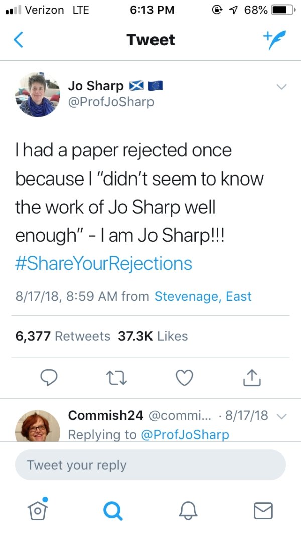 screenshot - il Verizon Lte @ 1 68% Tweet Jo Sharp Xd Thad a paper rejected once because l "didn't seem to know the work of Jo Sharp well enough" I am Jo Sharp!!! 81718, from Stevenage, East 6,377 o 22 o Commish24 ... 81718 V Tweet your