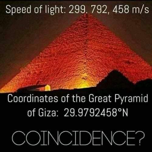 giza necropolis - Speed of light 299. 792, 458 ms Coordinates of the Great Pyramid of Giza 29.9792458N, Coincidence?