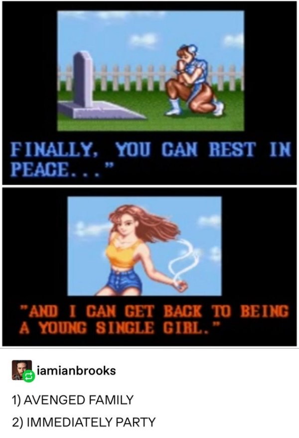 chun li meme - Finally, You Can Rest In Peace..." And I Can Get Back To Being A Young Single Girl." iamianbrooks 1 Avenged Family 2 Immediately Party