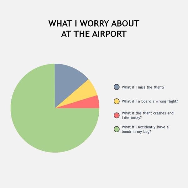 Internet meme - What I Worry About At The Airport What if I miss the flight? What if I a board a wrong flight? What if the flight crashes and I die today? What if I accidently have a bomb in my bag?