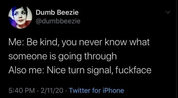 bmc - Dumb Beezie Me Be kind, you never know what someone is going through Also me Nice turn signal, fuckface 21120 Twitter for iPhone