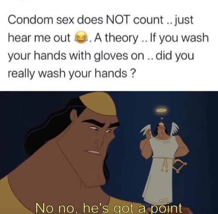 no no he has a point meme - Condom sex does Not count .. just hear me out . A theory ... If you wash your hands with gloves on .. did you really wash your hands? No no, he's got a point