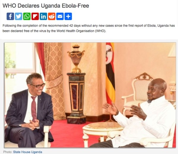 presentation - Who Declares Uganda EbolaFree f in G ing the completion of the recommended 42 days without any new cases since the first report of Ebola, Uganda has been declared free of the virus by the World Health Organisation Who. Photo State House Uga