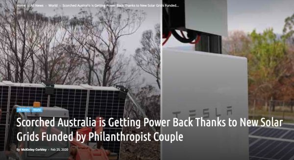 architecture - Home All News World Scorched Australas Getting Power Black Thanks to New Sole Gras Funded... Scorched Australia is Getting Power Back Thanks to New Solar Grids Funded by Philanthropist Couple By McKinley Carbley