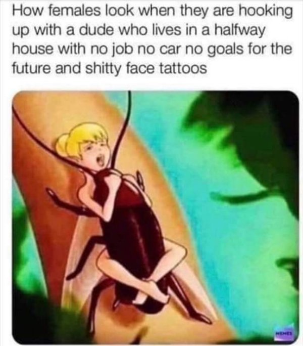 tinkerbell roach meme - How females look when they are hooking up with a dude who lives in a halfway house with no job no car no goals for the future and shitty face tattoos